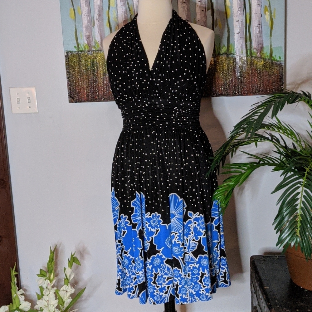 Evan Picone Black and Blue Halter Dress